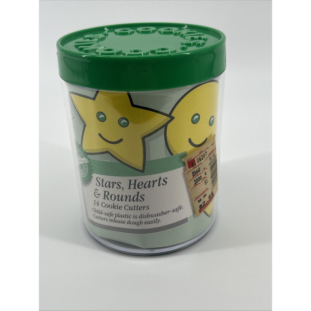 Vintage Wilton 14 Stars, Hearts, & Rounds Cookie Cutters In Original Plastic Tin